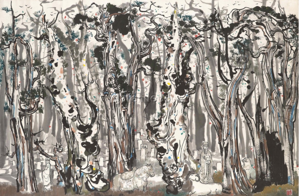 Large Chinese Forest Landscape Oil Painting – Wu Guanzhong Style “Confucius Grove” Wall Art